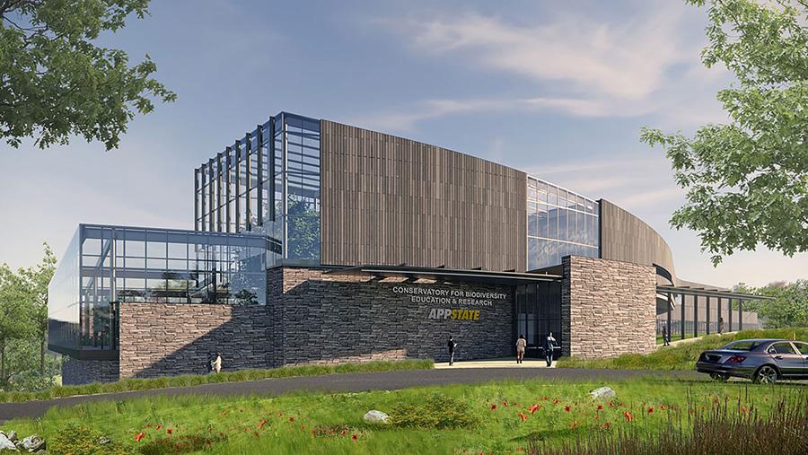 A conceptual rendering of what the Conservatory for Biodiversity Education and Research at App State might look like once complete. The facility is part of the first phase of development for App State’s Innovation District. Note, this image does not reflect the conservatory’s finalized design. (Lord Aeck Sargent graphic)