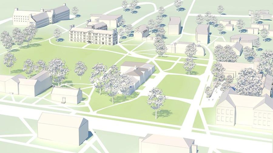 An architect’s rendering of a new first-year residence hall shows its position relative to Battell Beach on the northern side of campus. (Voith & Mactavish Architects rendering)