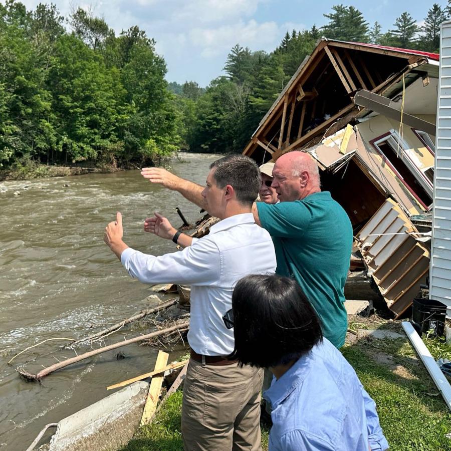 U.S. Secretary of Transportation Pete Buttigieg traveled from Washington, D.C., to see the damage wrought by relentless rains, including the destruction of the Inn by the River, located in rural Vermont’s Northeast Kingdom town of Hardwick. (Secretary Pete Buttigieg Twitter photo)