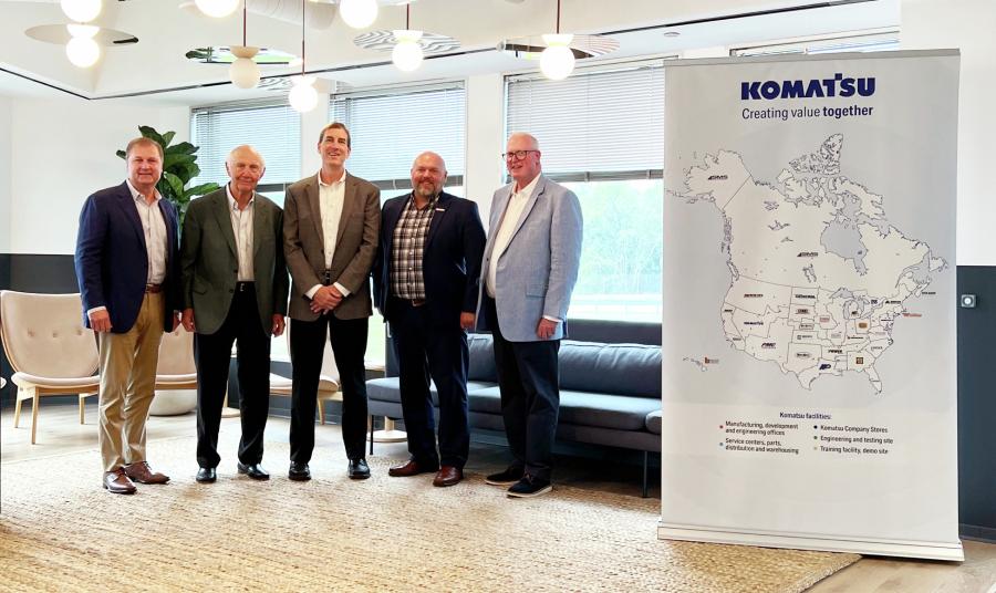 (L-R) are Dan Stracener, CEO, Tractor & Equipment Company; Ed Kirby, chairman, Kirby-Smith Machinery; Michael Brennan, president and COO, Bramco; Rod Bull, EVP North America Region, Komatsu; and Brian McGuire, president and CEO, AED.