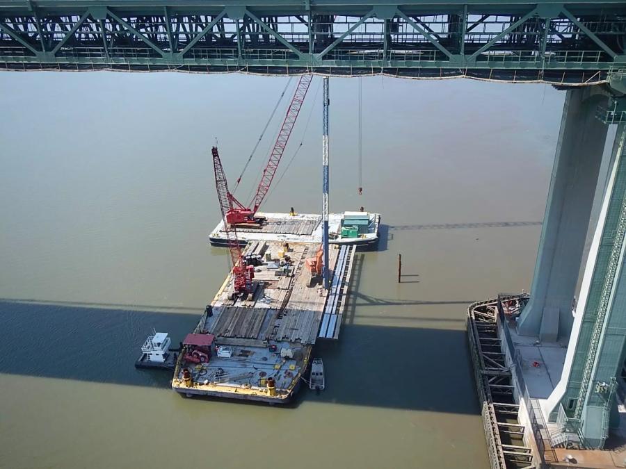 The new bridge ship-collision protection system project consists of the installation of eight stone filled “dolphin” cylinders, each measuring 80 ft. in diameter. (Delaware River and Bay Authority photo)