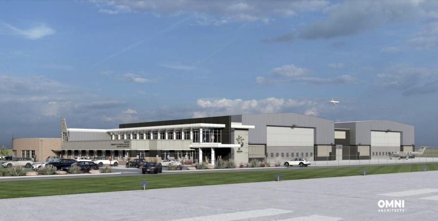 The facility’s proposed design features two high-bay hangers, aviation-related specialty labs, shops for turbine and reciprocating engine overhauls, flight controls and hydraulics, lecture classrooms, and a learning resource and testing center. (Pierpont Community & Technical College photo)