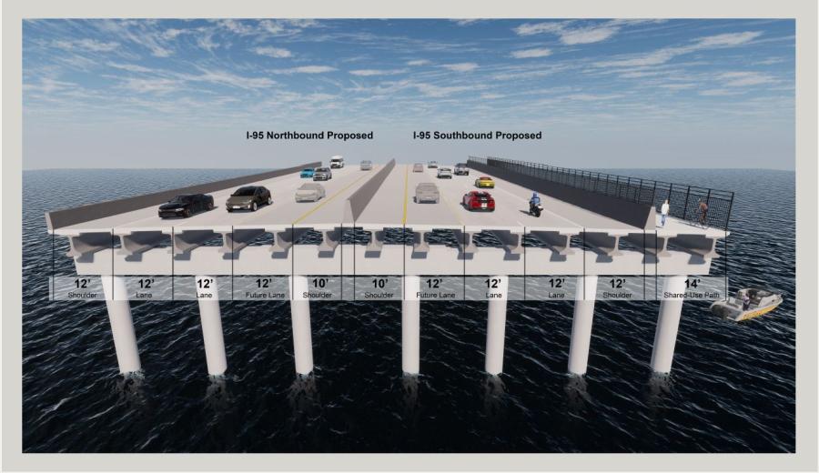 The new structures will encompass three lanes of traffic in each direction, up from two, along the north-south freeway. In addition, the transportation agency plans to add shoulders on each side of the lanes as well as a pedestrian walkway, part of the statewide Palmetto Trail. (SCDOT rendering)