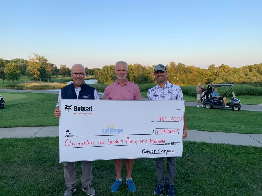 Bobcat Company presented a check for $1.2 million to The Village, representing the company’s total donations while serving as the annual tournament’s title sponsor. (L-R) are North Dakota Open Tournament Director Mark Johnson; Bobcat NA President Mike Ballweber; and David Newman of The Village Family Service Center.