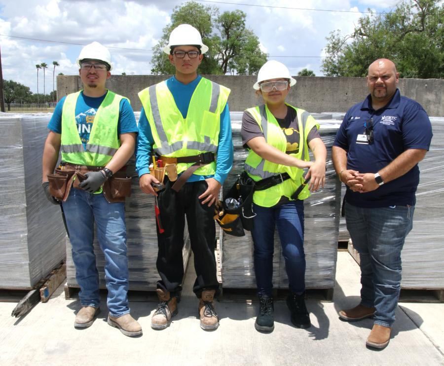 (L-R): TSTC Building Construction Technology students Rolando Garcia, Luis Felipe Torres and Jadynn Ontiveros, with Program Director Hector Rosa, stand next to recently donated concrete masonry units from Best Block.
(Texas State Technical College photo)