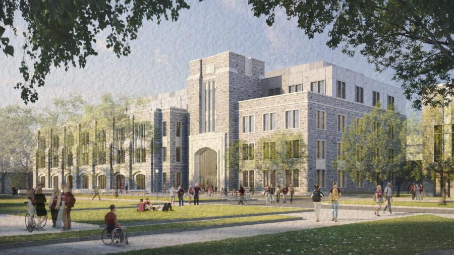 A rendering of Mitchell Hall from the west, featuring a viewing area for the Frith Lab to the left of the entrance. (Virginia Tech Capital Construction rendering)