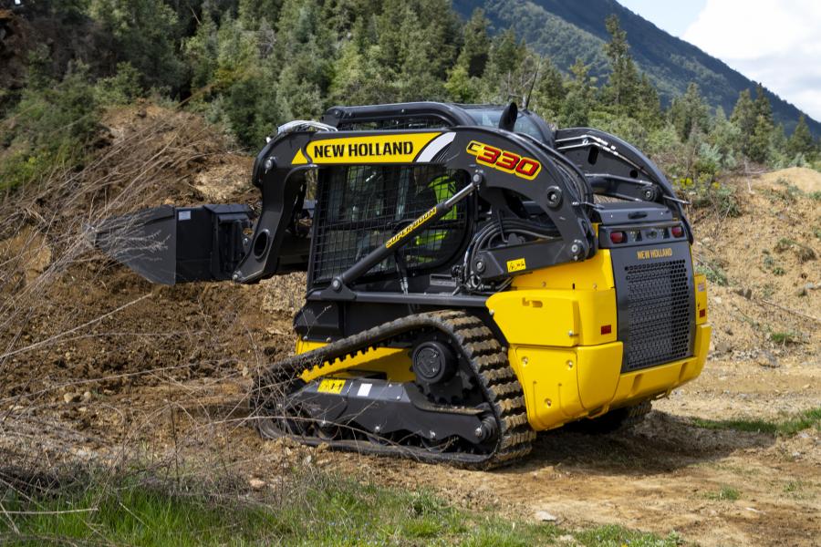 Boasting a 66-in. working width and a robust 67-hp engine, the C330 vertical lift compact track loader showcases the iconic New Holland Construction Super Boom lift.