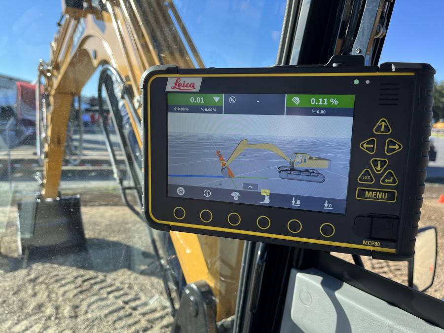 The SANY SY80 excavator with the Leica MC1 2D is set up for bench excavating with accuracy to 100th of an inch.
(CEG photo)