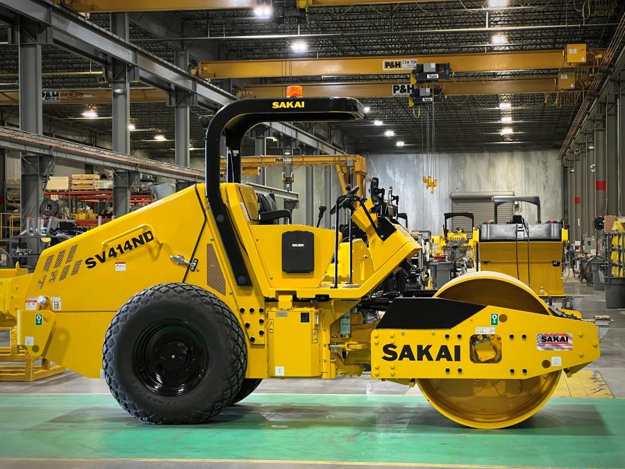 The first completed customer-ready SV414ND oscillating soil compactor as seen in front of the main Sakai America assembly line in Adairsville, Ga.
