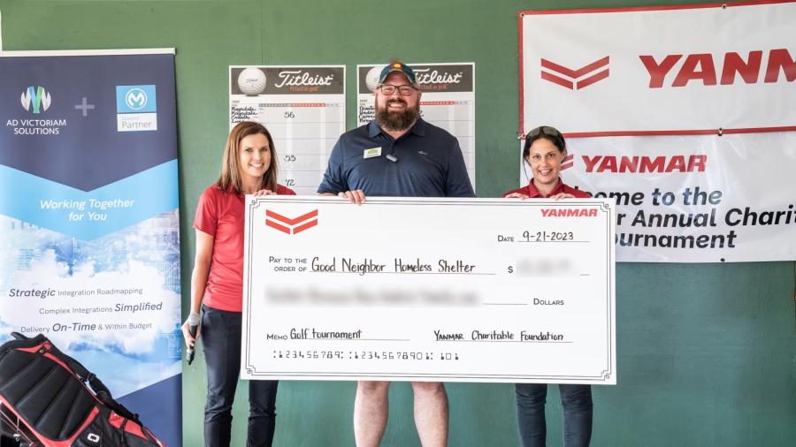 Yanmar America presents a check to Doug Belisle from the Good Neighbor Homeless Shelter at the conclusion of its 2nd Annual Charity Golf Tournament at Fields Ferry Golf Club in Calhoun, Ga.