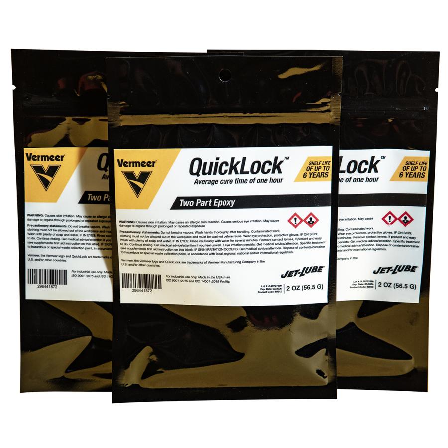 Vermeer QuickLock epoxy comes in a convenient 2.3-oz. double-section plastic pack that keeps the resin and catalyst separate.