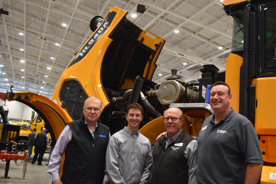 Among the many items that Tracey Road Equipment offers N.Y.S. municipalities are the reliable, affordable Hyundai loaders. (L-R): Jerry Tracey, Jesse Weller, Art Ospelt and Scott Collins.
(CEG photo)