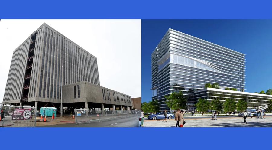 Architect Christopher W Coe's rendering of the NWLA State Office Building on right and a photo of building taken on Oct. 30, 2023.