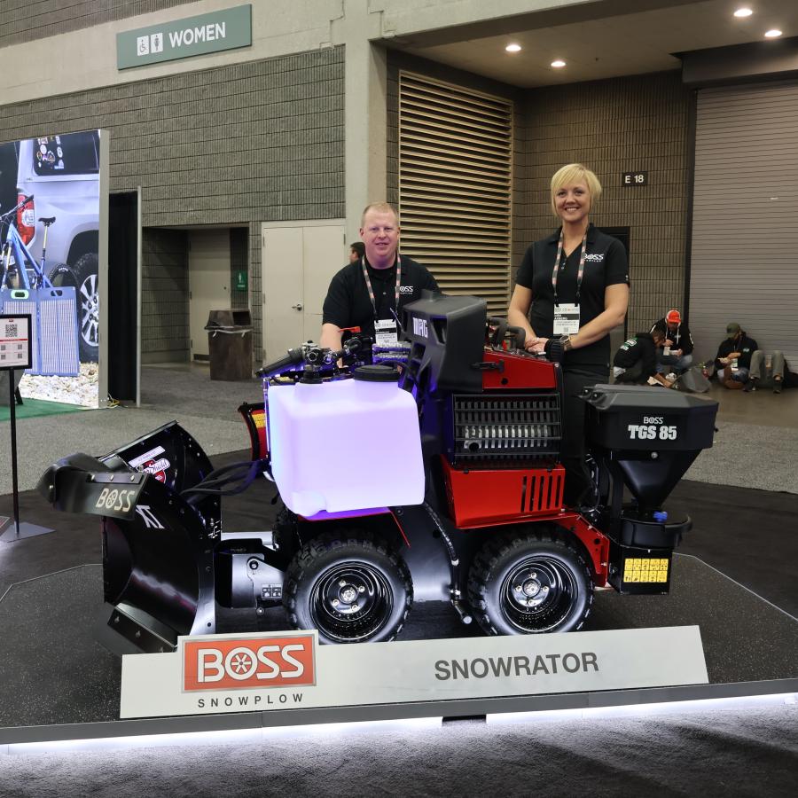 Boss Snowplow’s Ty Steinbrecher (L), sales representative, and Lisa Axberg, marketing associate, show the new Boss SR Mag Brine kit at Equip Expo. “Boss has acquired the SRG Mag 40-gal. brine kit — a new line with emerging growth and benefits including environmental factors, cost efficiency and safety,” said Mark Klossner, vice president of marketing, Boss Snowplow.
(CEG photo)