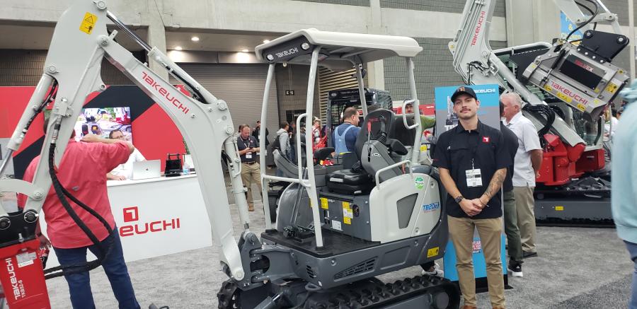 Max Sinclair, director of marketing of Takeuchi in Pendergrass, Ga., with the Takeuchi fully electric TB20e electric hydraulic compact excavator.
(CEG photo)
