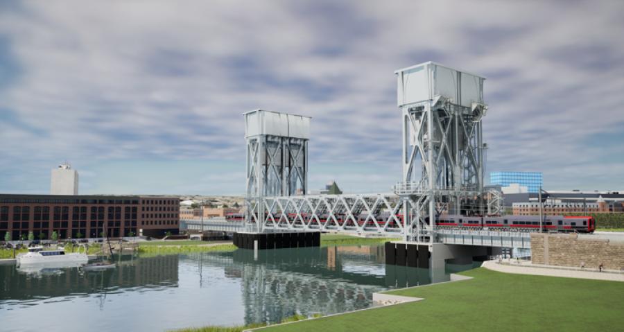 The vertical lift design allows the new bridge to be built in pieces so that two tracks on the New Haven Line remain operational throughout construction with only two-weekend track outages. (Connecticut Department of Transportation image)