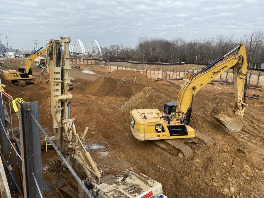 HITT’s construction team used dozers, excavators, pile drilling rigs and three tower cranes in starting the building. The Fredrick Douglass Memorial Bridge is in the background.
(HITT Contracting photo)