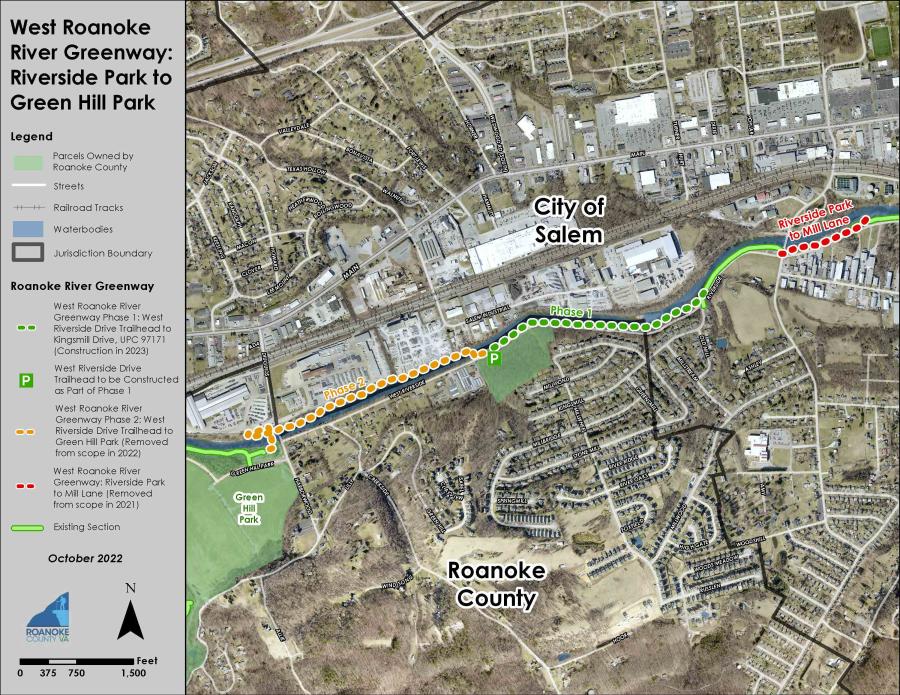 The new first phase of greenway construction will run along the south side of the Roanoke River and connect to an existing section of the trail located along West Riverside Drive west of Mill Lane in Salem. (Roanoke County, Va., map)