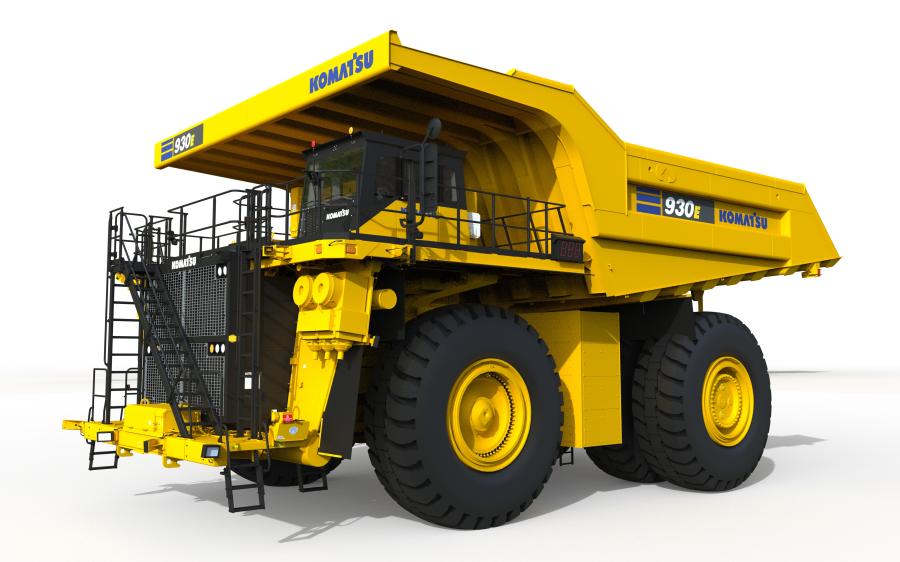 A front 3/4 view of a virtual rendering of Komatsu’s 930E mining truck that will be powered by HYDROTEC fuel cells.