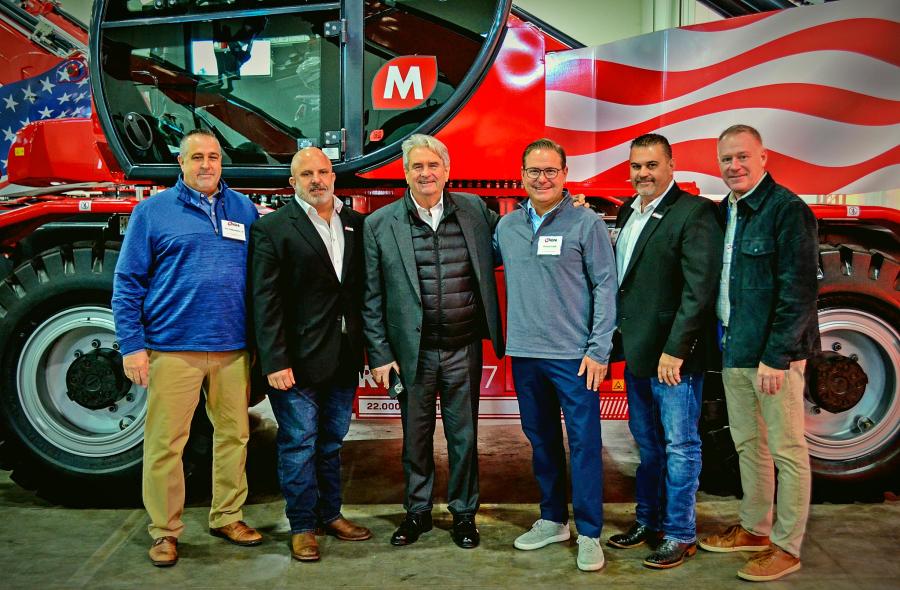 (L-R) are Jim Schlemmer, rental sales manager, Cleveland Brothers; Joe Leinwol, chief sales officer, Magni America; Riccardo Magni, president, Magni Telescopic Handlers, Darrin Foulk, vice president of Rental, Cleveland Brothers; Jay Jude, Midwest regional sales manager, Magni America; and Pete Quinn, rental operations manager, Cleveland Brothers.