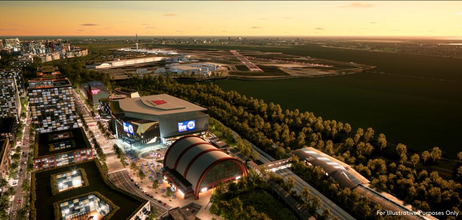 A rendering of the proposed arena where the Wizards and Capitals would play in Alexandria. (JBG Smith rendering)