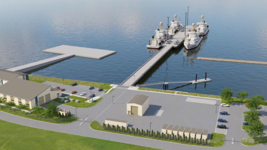 The project scope includes the construction of a pier to accommodate four large vessels and associated utilities, a supporting 22,129-sq.-ft. administration building with parking, exterior storage, and an adjacent loading and laydown area.