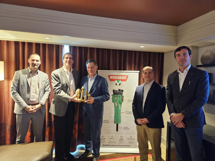 (L-R) are Stephane Giroudon, worldwide sales and marketing director of Montabert; Michael Brennan, CEO of Brandeis Machinery and Power Equipment; Maurice Stanich, president of Montabert; David Coultas, president of Brandeis Machinery; and Mike Paradis, chairman of Brandeis Machinery and Power Equipment.