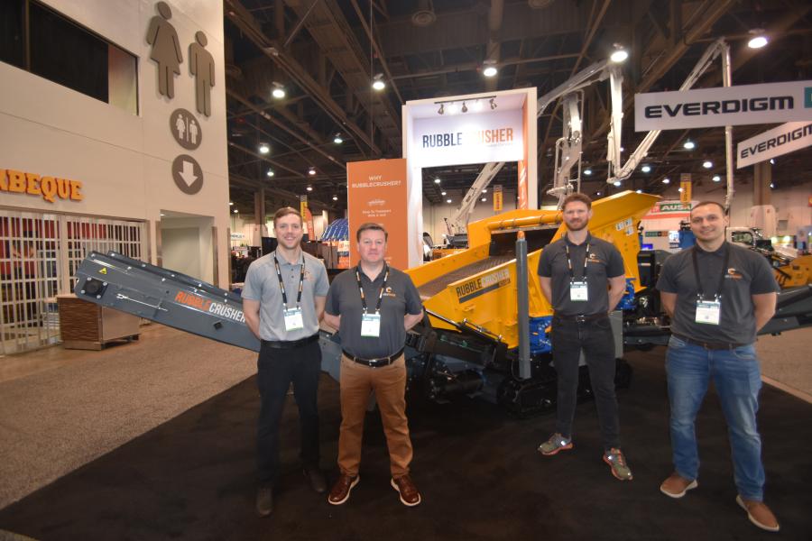 (L-R): Ehan Weyant, David Maclynn, Liam Holland and Matthew Brough, all of RubbleCrusher, stand with the ultimate self-contained mobile screener.  The RubbleCrusher RCS48T screen is a compact screening solution for recycling and separating construction and demo waste on site. (CEG photo)