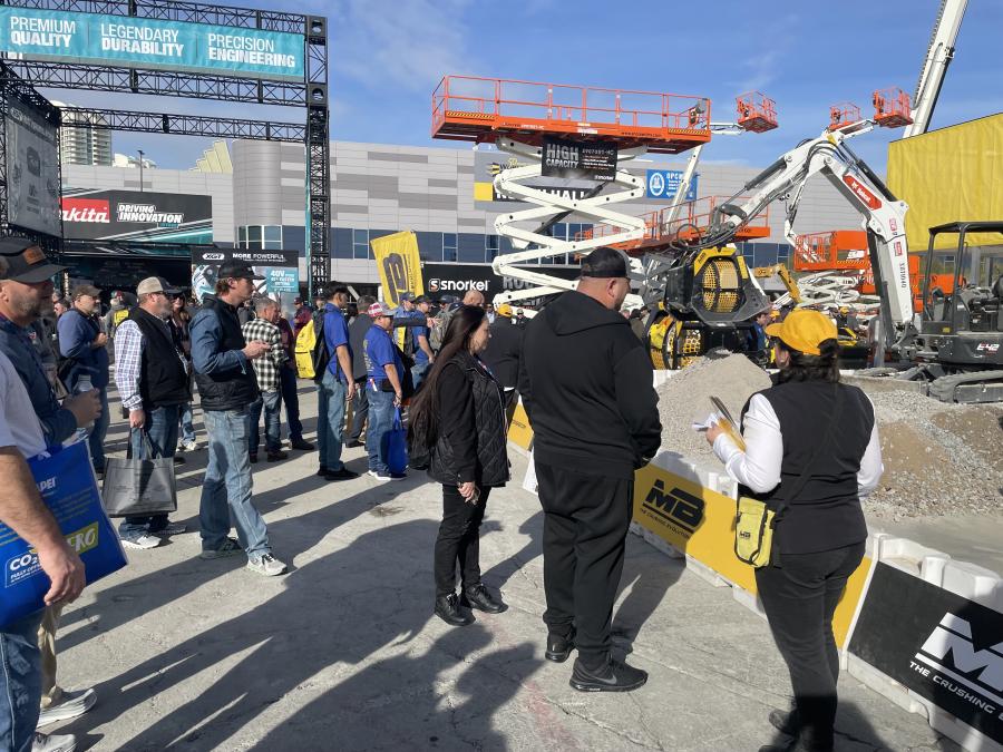 The MB America booth always draws a crowd to get a first-hand look at its attachments for crushing and recycling materials, available for all types of construction equipment. (CEG photo)