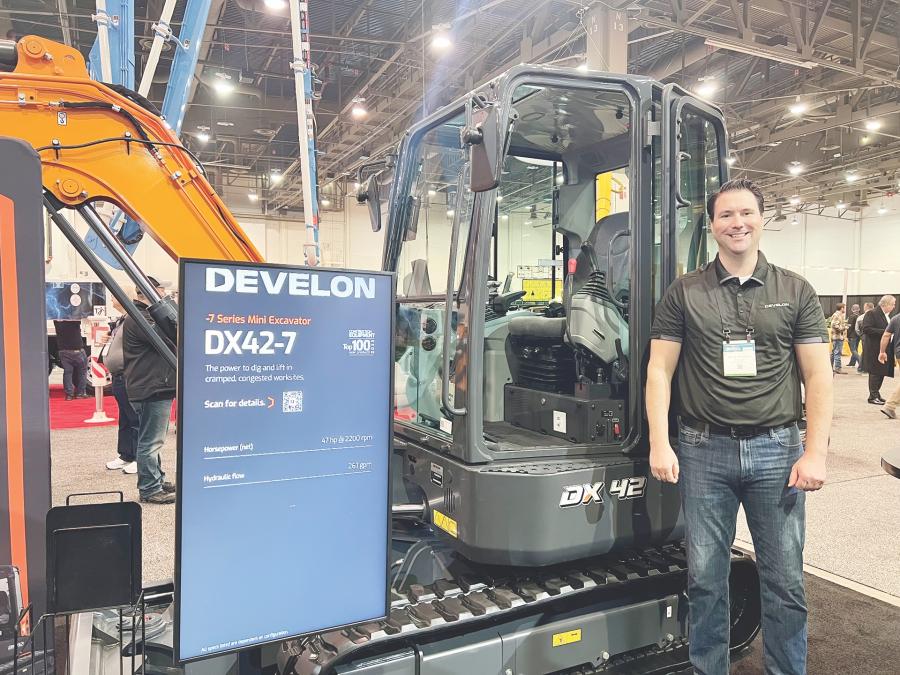 DEVELON’S 4-ton DX42-7 mini-excavator delivers excellent maneuverability and operator comfort according to Jacob Sherman, dealer and product marketing manager of DEVELON. The excavator drew a lot of attention from WOC attendees. (CEG photo)