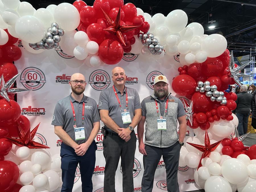 At World of Concrete, Allen Engineering took the opportunity to continue the celebration of its 60th anniversary. Here, CEO Jay Allen is flanked by Joey Ward (L), vice president of sales and marketing, and Jeff Johnson, sales manager. The company offers a variety of equipment solutions for the concrete industry. (CEG photo)