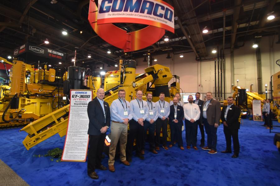 Representatives from GOMACO were at World of Concrete to discuss the industry’s first hybrid curb and gutter machine — the GT-3600. (L-R) are Kelly Steeves; Travis Brockman; Brad Zobel; Scott Pedersen; Kye Leners; Bryan Beck, district manager southwest; Randy Bean, Matt Morrison, manager JD Machine Controls; Logan Mohr, district manager western U.S., Kent Godbersen; and Rodney Harper. (CEG photo)