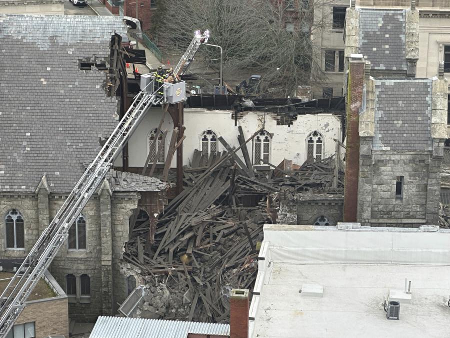 Emergency crews respond to the former First Congregational/Engaging Heaven church after the steeple of the old, historic church collapsed, Thursday, Jan. 25, 2024, in New London, Conn.