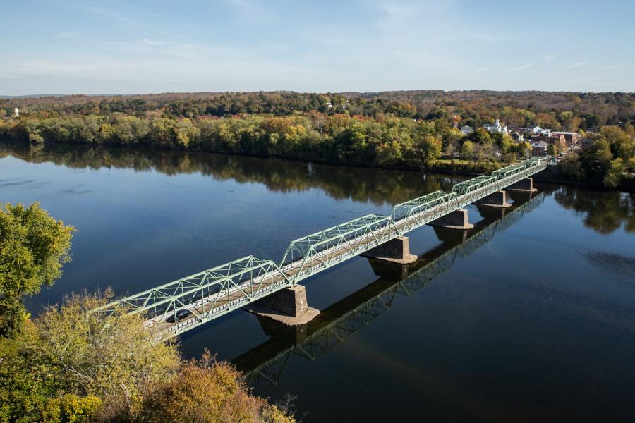 The Uhlerstown-Frenchtown Toll Supported Bridge connects Bridge Street in Frenchtown, N.J., with PA Route 32/River Road in the Uherlstown section of Tinicum Township in Pennsylvania.