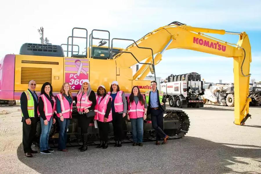 As a long-time supporter of Susan G. Komen, Kirby-Smith Machinery reached out to Alisa Pope, development director of Susan G. Komen in Oklahoma and Arkansas to come see the excavator at KSM’s OKC location. Joining Pope were a group of breast cancer survivors, with everyone receiving a pink safety vest and cap to mark the visit.