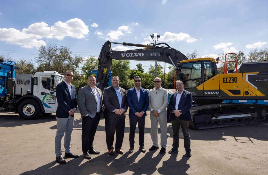 Volvo Construction Equipment and Mack Trucks, recently delivered on- and off-road electric equipment to Florida-based Coastal Waste & Recycling to help the company achieve its sustainability goals. (L-R) are Martin Mattsson, director, Key Account Sales, Waste & Recycling, Volvo CE; Tyler Ohlmansiek, Mack e-mobility sales director; Jonathan Randall, president of Mack Trucks North America; Brendon Pantano, CEO, Coastal Waste & Recycling; Dennis Pantano, COO, Coastal Waste & Recycling; and Ray Gallant, head of Sustainability and Productivity, Volvo CE.