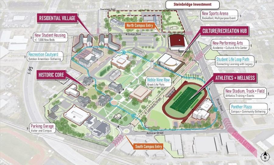 An updated map of VUU’s 10-year master plan shows the Steinbridge development site at the campus’s northeast edge.