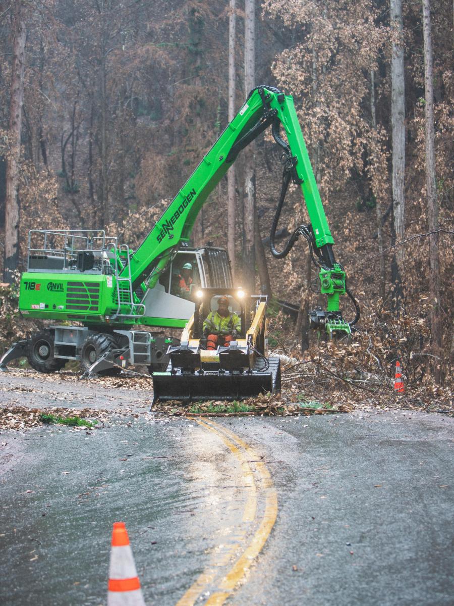 Several features of the machines enabled crews to work around existing trees, power lines, mountainous terrain, structures and devasted landscape. The reach, with the K13 boom and stick set-up, 6 ft. 9 in. telescoping arm, and elevating cab increased effectiveness and safety.