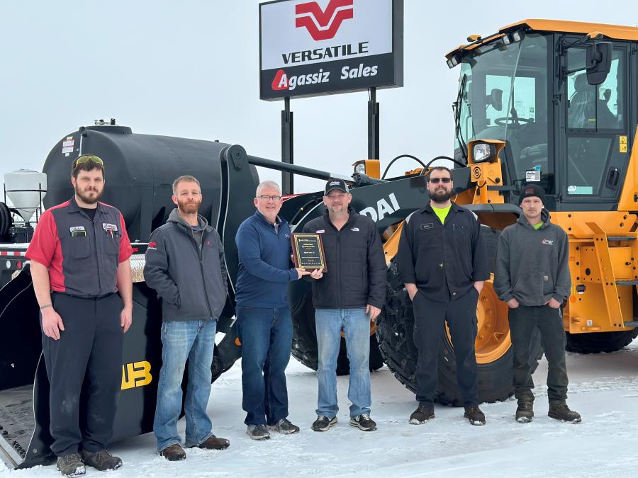 Equipment North America photo
HD Hyundai Construction Equipment North America has added Agassiz Sales in Buxton, N.D., to its dealer network. HD Hyundai Construction Equipment’s North Central sales manager Ed Harseim (L, center) presents the Hyundai dealership plaque to Ross Johnson (R, center), owner of Agassiz Sales. Also pictured (L-R) are John Arneson, service technician; Brandon Hansen, sales representative; Eric Dahlman, service technician; and Kyle Higgins, service technician.