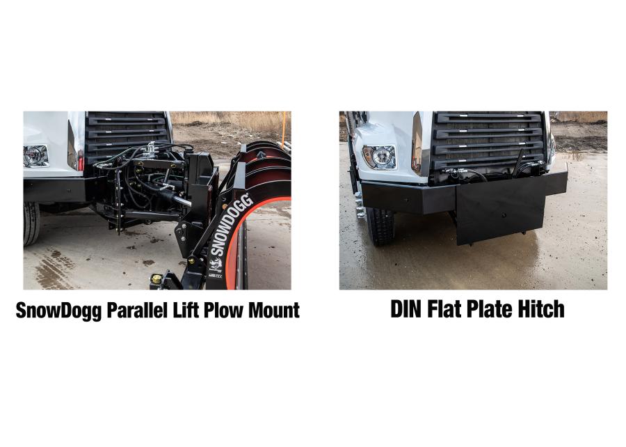 The parallel lift plow uses a DIN plate hitch mount and is compatible with the existing SnowDogg municipal Standard, Expressway and Super-J moldboards.