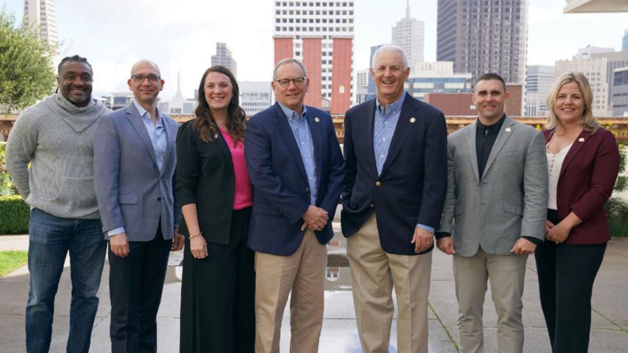 AGC of California’s 2024 officers include (L-R) Henry Nutt III, vice president, Specialty Contractors; Ural Yal, vice president, Highway & Transportation; Dina Kimble, immediate past president; Steve Rule, president; Pat Kelly, president-elect; Matt Seals, vice president, building; and Allison Otto, treasurer. Not pictured is Brandon Pensick, vice president, Utility & Infrastructure.