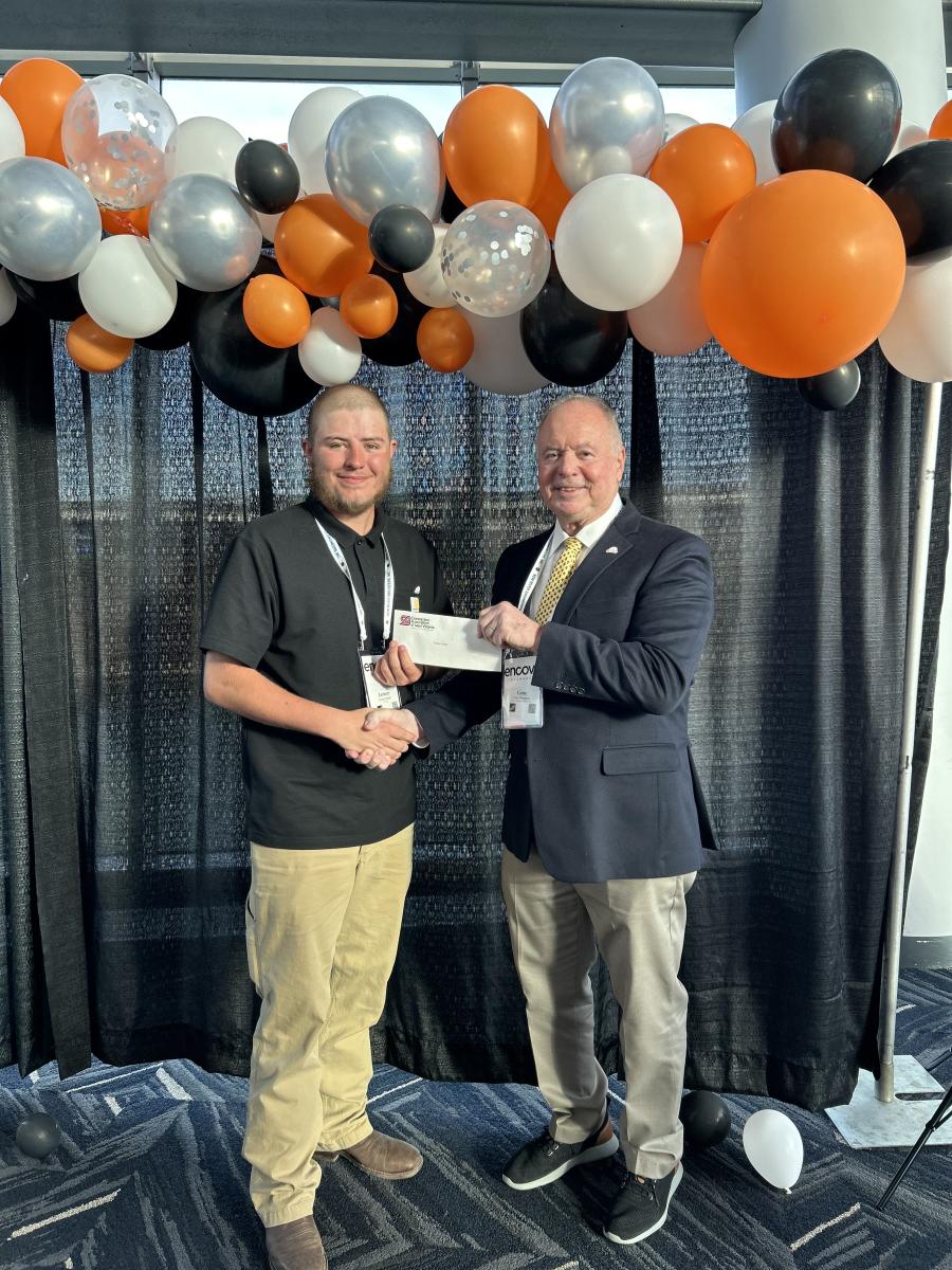 2024 CAWV Scholarship Foundation award winner Zachary Harrah (L) accepted his award from CAWV Scholarship Foundation Chairman Gene Thompson at the CAWV State Meeting held on March 20 in Charleston.