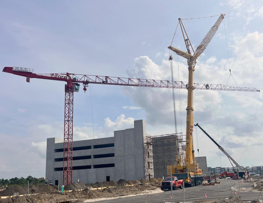 The new apartment complex, Parkway Crossing, will be a modest four stories tall, but will encompass a sprawling, nearly six-acre parcel. ALL is providing two Potain MDT 219 tower cranes, positioned at opposite ends of the job site, to assist with construction.