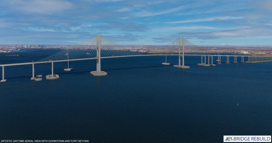 Artistic daytime aerial view of the Francis Scott Key Bridge with downtown Baltimore and the Port of Baltimore in the background.
